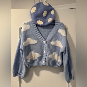 Shein Baby Blue & White Cloud ☁️ Cardigan Sweater & Matching Beret - Size Small